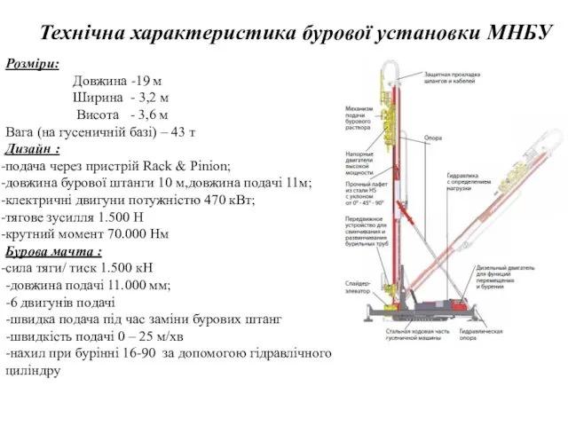 Технічна характеристика бурової установки МНБУ Розміри: Довжина -19 м Ширина -