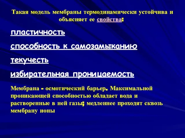 Такая модель мембраны термодинамически устойчива и объясняет ее свойства: пластичность способность