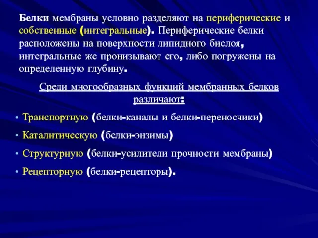 Белки мембраны условно разделяют на периферические и собственные (интегральные). Периферические белки