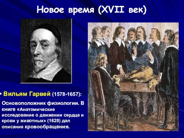 Новое время (XVII век) Вильям Гарвей (1578-1657): Основоположник физиологии. В книге