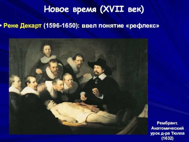 Новое время (XVII век) Рембрант. Анатомический урок д-ра Тюлпа (1632) Рене Декарт (1596-1650): ввел понятие «рефлекс»