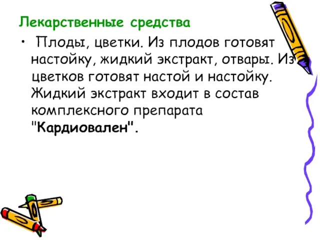 Лекарственные средства Плоды, цветки. Из плодов готовят настойку, жидкий экстракт, отвары.