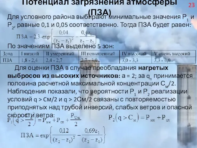 Потенциал загрязнения атмосферы (ПЗА) Для условного района выбирают минимальные значения Р1