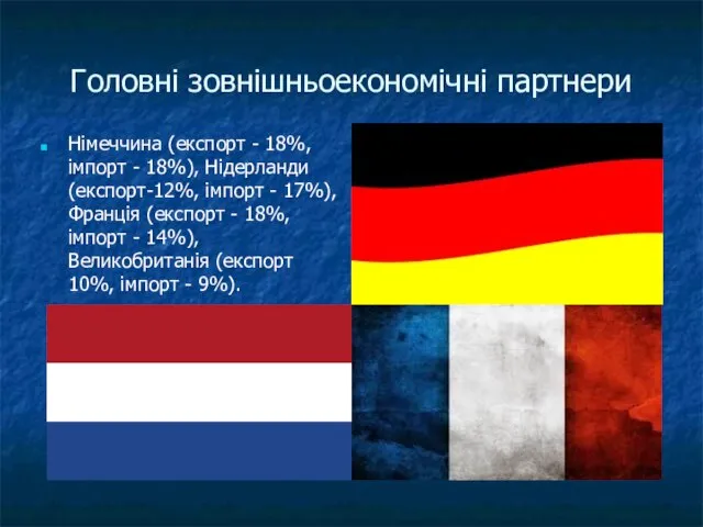 Головні зовнішньоекономічні партнери Німеччина (експорт - 18%, імпорт - 18%), Нідерланди