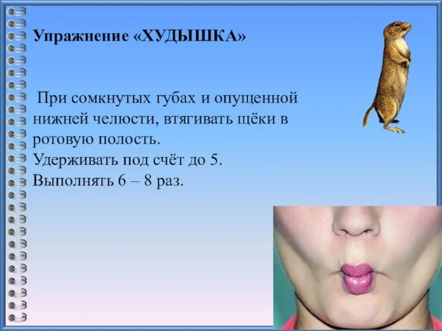 Упражнение «ХУДЫШКА» При сомкнутых губах и опущенной нижней челюсти, втягивать щёки