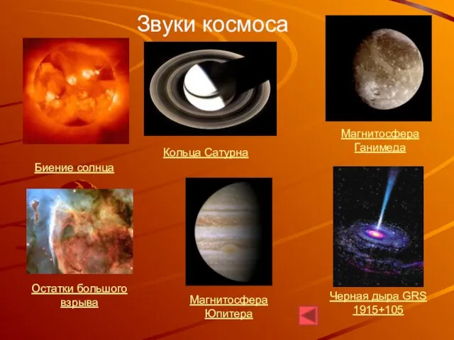 Биение солнца Кольца Сатурна Магнитосфера Ганимеда Магнитосфера Юпитера Остатки большого взрыва