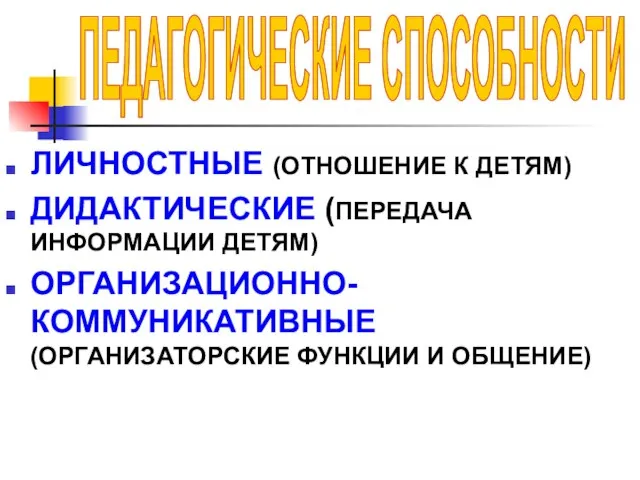 ЛИЧНОСТНЫЕ (ОТНОШЕНИЕ К ДЕТЯМ) ДИДАКТИЧЕСКИЕ (ПЕРЕДАЧА ИНФОРМАЦИИ ДЕТЯМ) ОРГАНИЗАЦИОННО-КОММУНИКАТИВНЫЕ (ОРГАНИЗАТОРСКИЕ ФУНКЦИИ И ОБЩЕНИЕ) ПЕДАГОГИЧЕСКИЕ СПОСОБНОСТИ