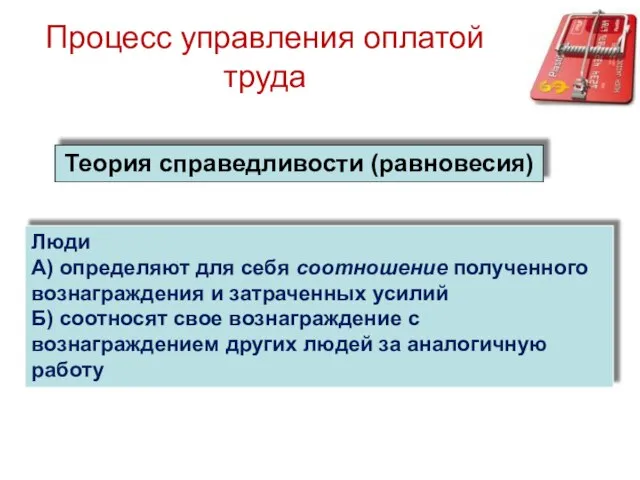 Теория справедливости (равновесия) Люди А) определяют для себя соотношение полученного вознаграждения