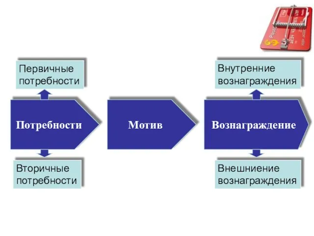 Потребности Первичные потребности Вторичные потребности Вознаграждение Внутренние вознаграждения Внешниение вознаграждения Мотив