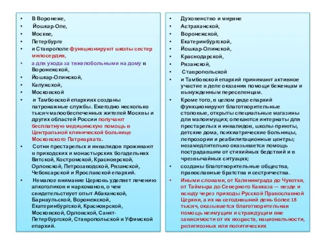 В Воронеже, Йошкар-Оле, Москве, Петербурге и Ставрополе функционируют школы сестер милосердия,