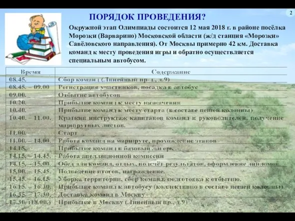 2 ПОРЯДОК ПРОВЕДЕНИЯ? Окружной этап Олимпиады состоится 12 мая 2018 г.