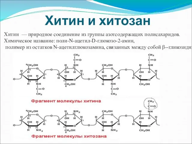 Хитин и хитозан Хитин — природное соединение из группы азотсодержащих полисахаридов.