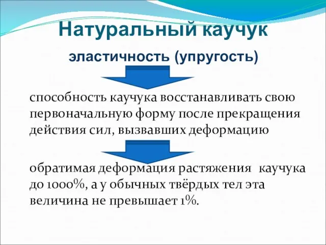 Натуральный каучук эластичность (упругость) способность каучука восстанавливать свою первоначальную форму после