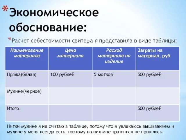 Экономическое обоснование: Расчет себестоимости свитера я представила в виде таблицы: Нитки