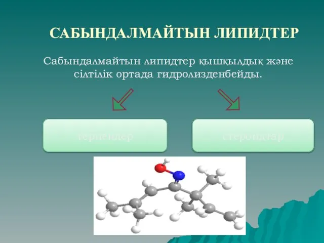 САБЫНДАЛМАЙТЫН ЛИПИДТЕР Сабындалмайтын липидтер қышқылдық және сілтілік ортада гидролизденбейды. терпендер стероидтар