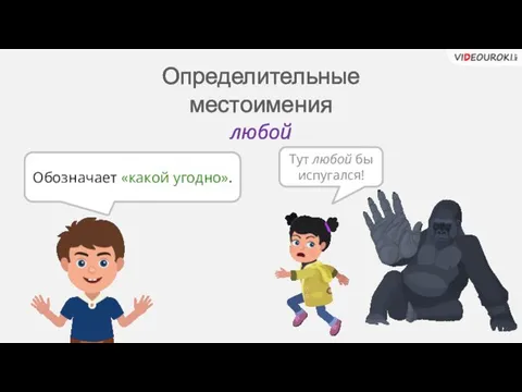 любой Обозначает «какой угодно». Тут любой бы испугался! Определительные местоимения