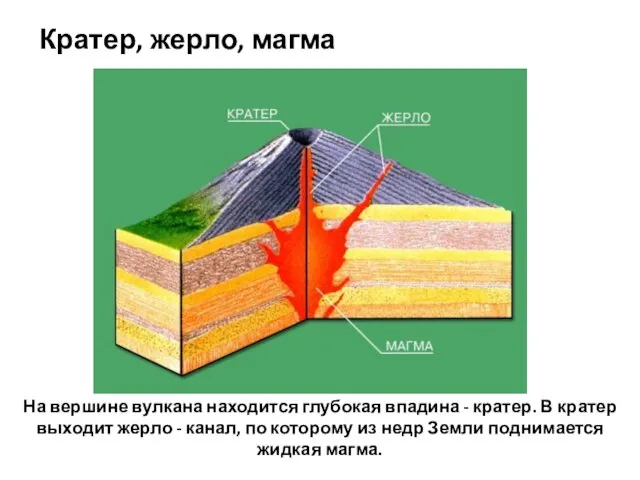 Кратер, жерло, магма На вершине вулкана находится глубокая впадина - кратер.