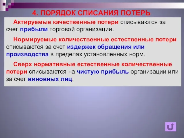 4. ПОРЯДОК СПИСАНИЯ ПОТЕРЬ Актируемые качественные потери списываются за счет прибыли