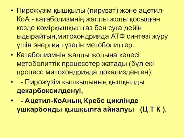 Пирожүзім қышқылы (пируват) және ацетил-КоА - катаболизмнің жалпы жолы қосылған кезде