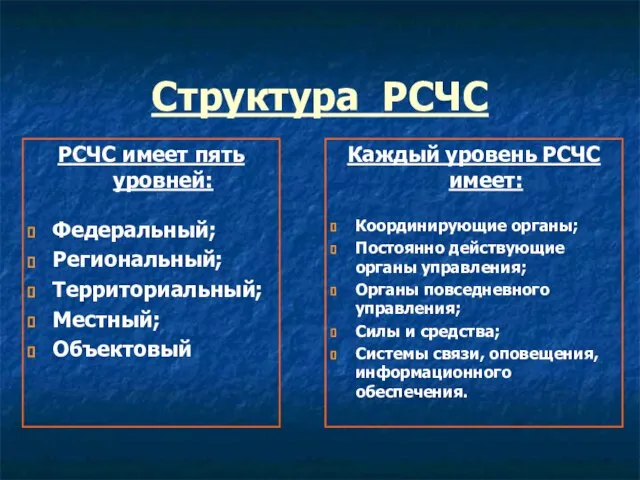 Структура РСЧС РСЧС имеет пять уровней: Федеральный; Региональный; Территориальный; Местный; Объектовый