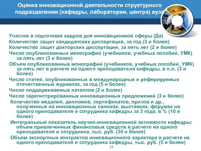 Оценка инновационной деятельности структурного подразделения (кафедры, лаборатории, центра) вуза Участие в