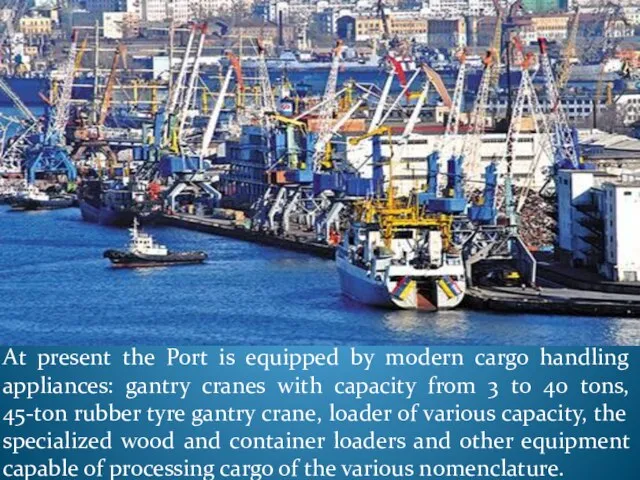 At present the Port is equipped by modern cargo handling appliances: