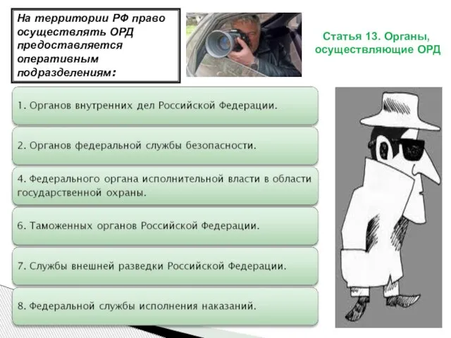 Статья 13. Органы, осуществляющие ОРД На территории РФ право осуществлять ОРД предоставляется оперативным подразделениям: