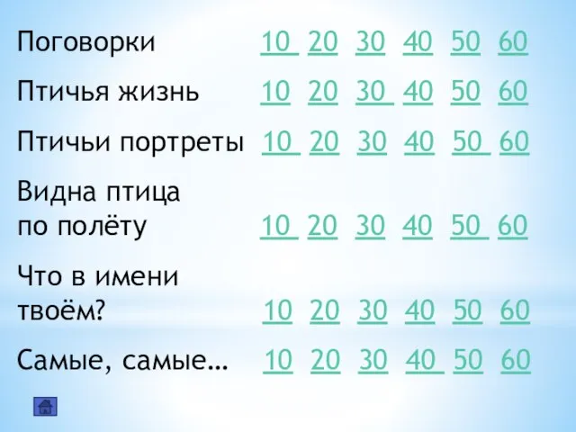 Поговорки 10 20 30 40 50 60 Птичья жизнь 10 20