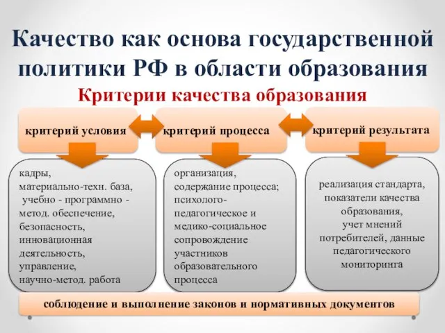 Качество как основа государственной политики РФ в области образования Критерии качества