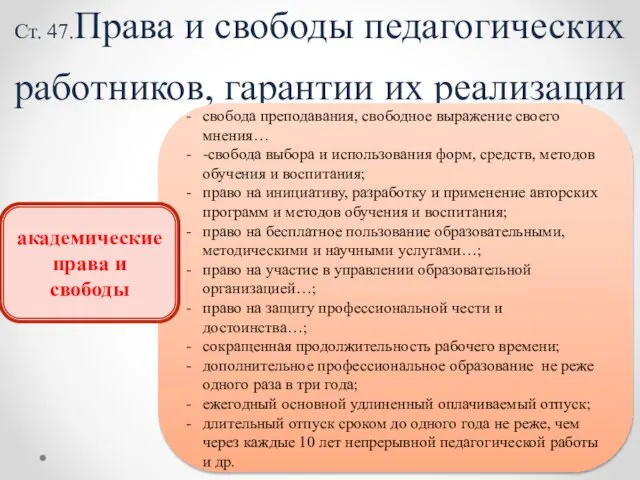 Ст. 47.Права и свободы педагогических работников, гарантии их реализации свобода преподавания,