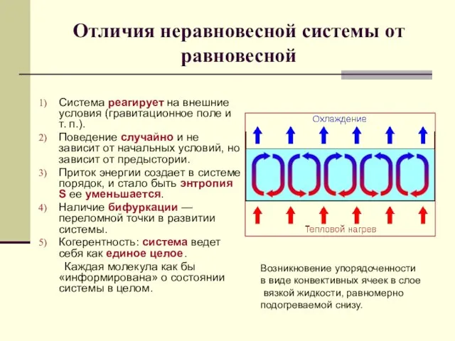 Отличия неравновесной системы от равновесной Система реагирует на внешние условия (гравитационное