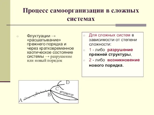 Процесс самоорганизации в сложных системах Флуктуации → «расшатывание» прежнего порядка и