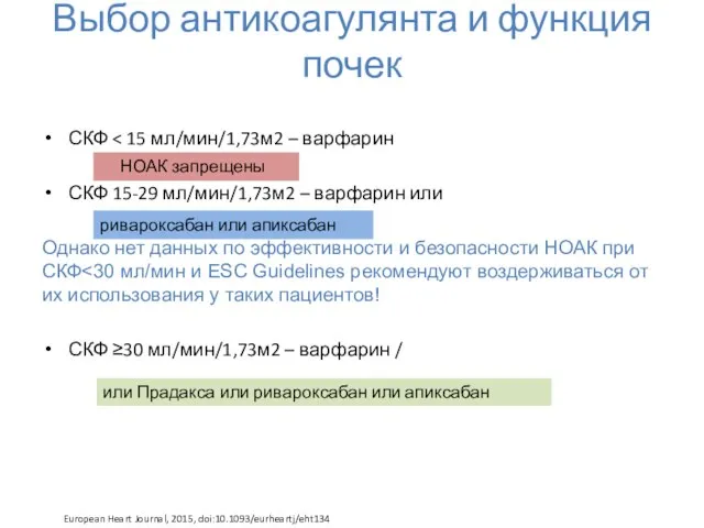 Выбор антикоагулянта и функция почек СКФ СКФ 15-29 мл/мин/1,73м2 – варфарин