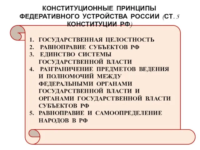 КОНСТИТУЦИОННЫЕ ПРИНЦИПЫ ФЕДЕРАТИВНОГО УСТРОЙСТВА РОССИИ (СТ. 5 КОНСТИТУЦИИ РФ) ГОСУДАРСТВЕННАЯ ЦЕЛОСТНОСТЬ