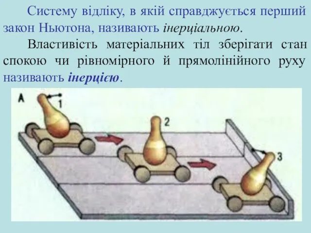 Систему відліку, в якій справджується перший закон Ньютона, називають інерціальною. Властивість