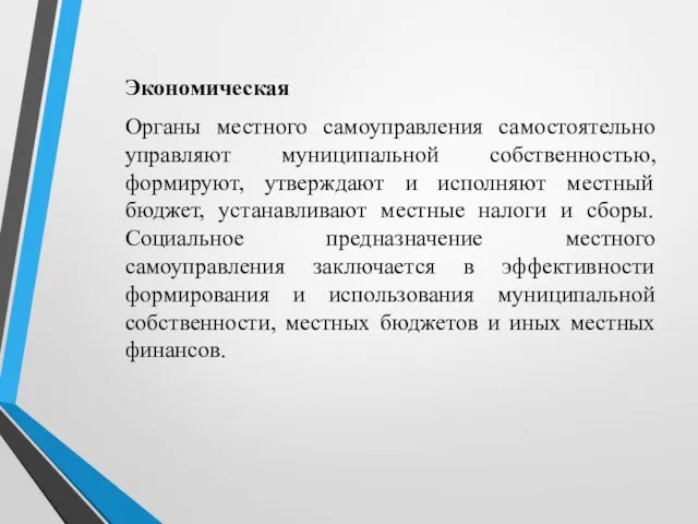 Экономическая Органы местного самоуправления самостоятельно управляют муниципальной собственностью, формируют, утверждают и