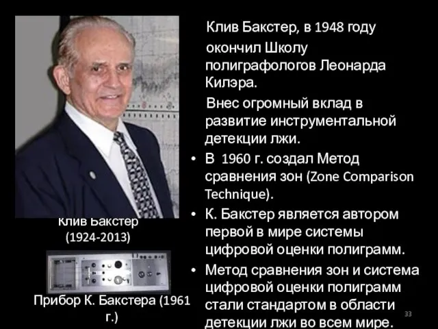 Клив Бакстер (1924-2013) Клив Бакстер, в 1948 году окончил Школу полиграфологов