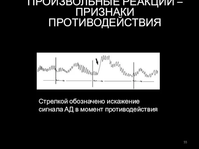 Стрелкой обозначено искажение сигнала АД в момент противодействия ПРОИЗВОЛЬНЫЕ РЕАКЦИИ – ПРИЗНАКИ ПРОТИВОДЕЙСТВИЯ