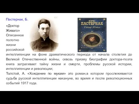 Пастернак, Б. «Доктор Живаго» Описанное полотно жизни российской интеллигенции на фоне