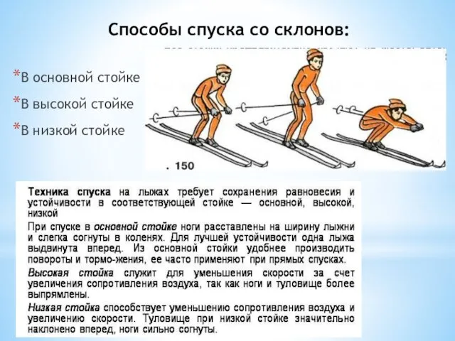 Способы спуска со склонов: В основной стойке В высокой стойке В низкой стойке