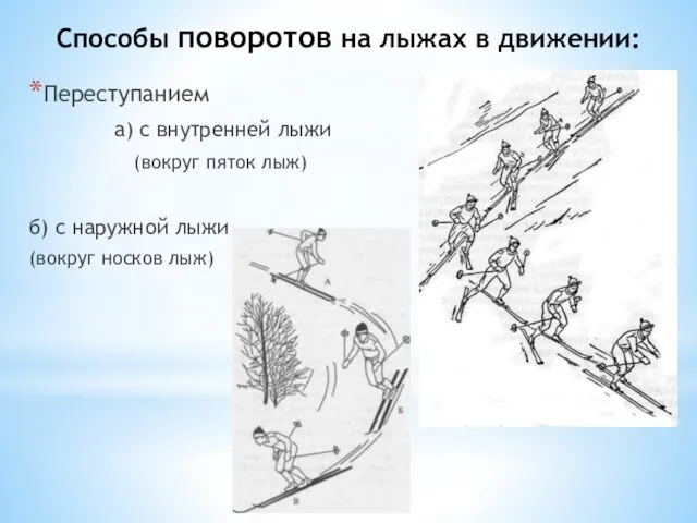 Способы поворотов на лыжах в движении: Переступанием а) с внутренней лыжи