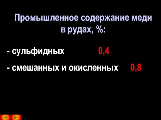 Промышленное содержание меди в рудах, %: сульфидных 0,4 смешанных и окисленных 0,8