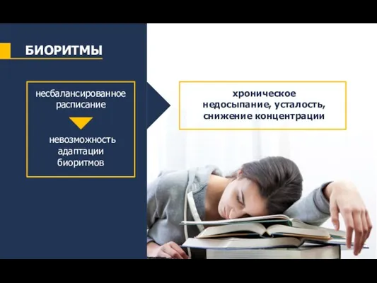 несбалансированное расписание невозможность адаптации биоритмов хроническое недосыпание, усталость, снижение концентрации