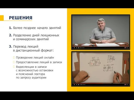 РЕШЕНИЯ 1. Более позднее начало занятий 2. Разделение дней лекционных и