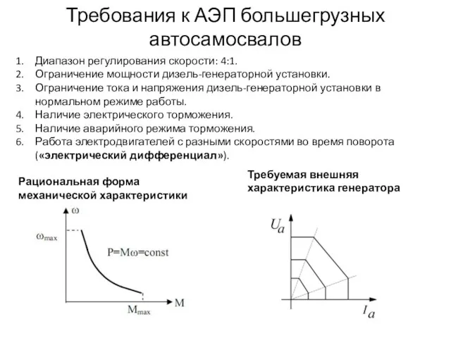 Требования к АЭП большегрузных автосамосвалов Рациональная форма механической характеристики Требуемая внешняя