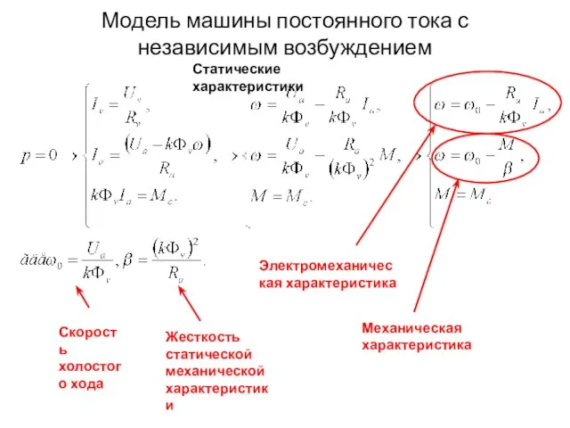 Модель машины постоянного тока с независимым возбуждением Статические характеристики Скорость холостого