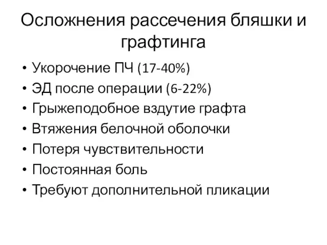 Осложнения рассечения бляшки и графтинга Укорочение ПЧ (17-40%) ЭД после операции