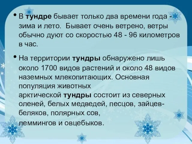 В тундре бывает только два времени года - зима и лето.