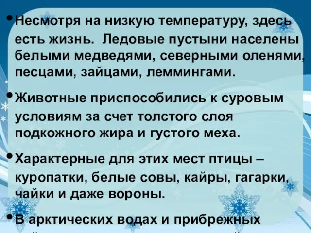 Несмотря на низкую температуру, здесь есть жизнь. Ледовые пустыни населены белыми