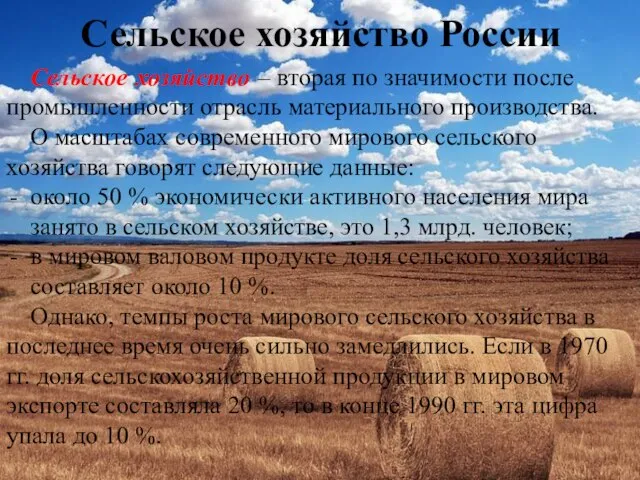 Сельское хозяйство России Сельское хозяйство – вторая по значимости после промышленности